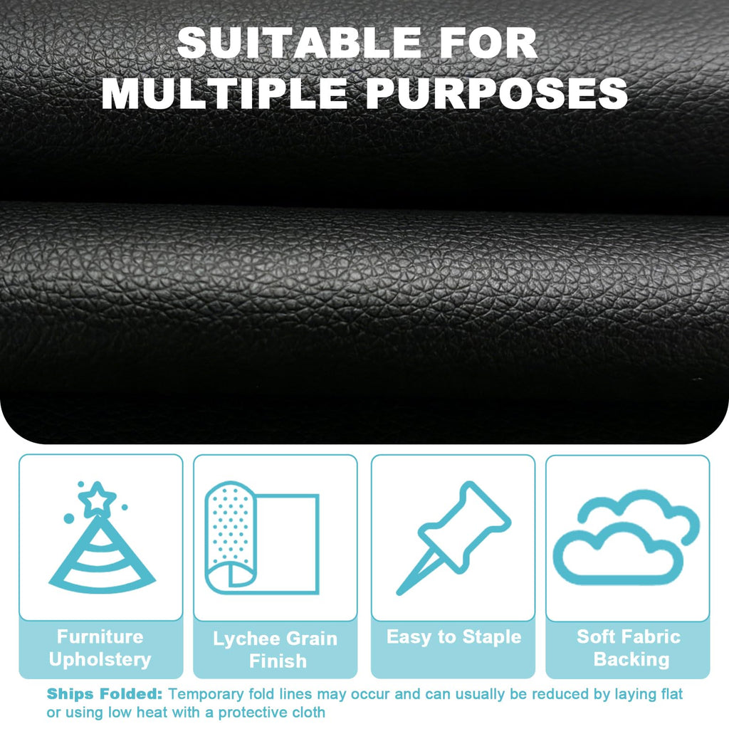 Black Faux Leather Fabric 118"×55" Lychee Grain Upholstery Vinyl