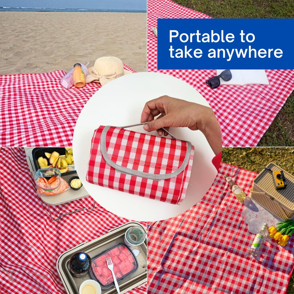 Cute Gingham Picnic Blanket, Waterproof Foldable, in Large 80x60in and Extra Large 80x80in, Portable Compact Beach