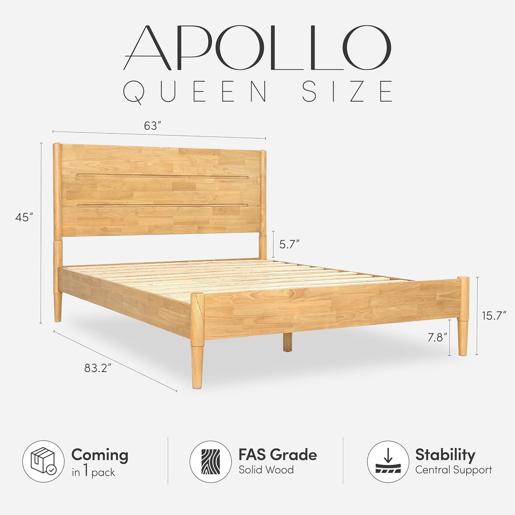 Apollo Solid Wood Platform Bed Queen, Headboard, Light Oak