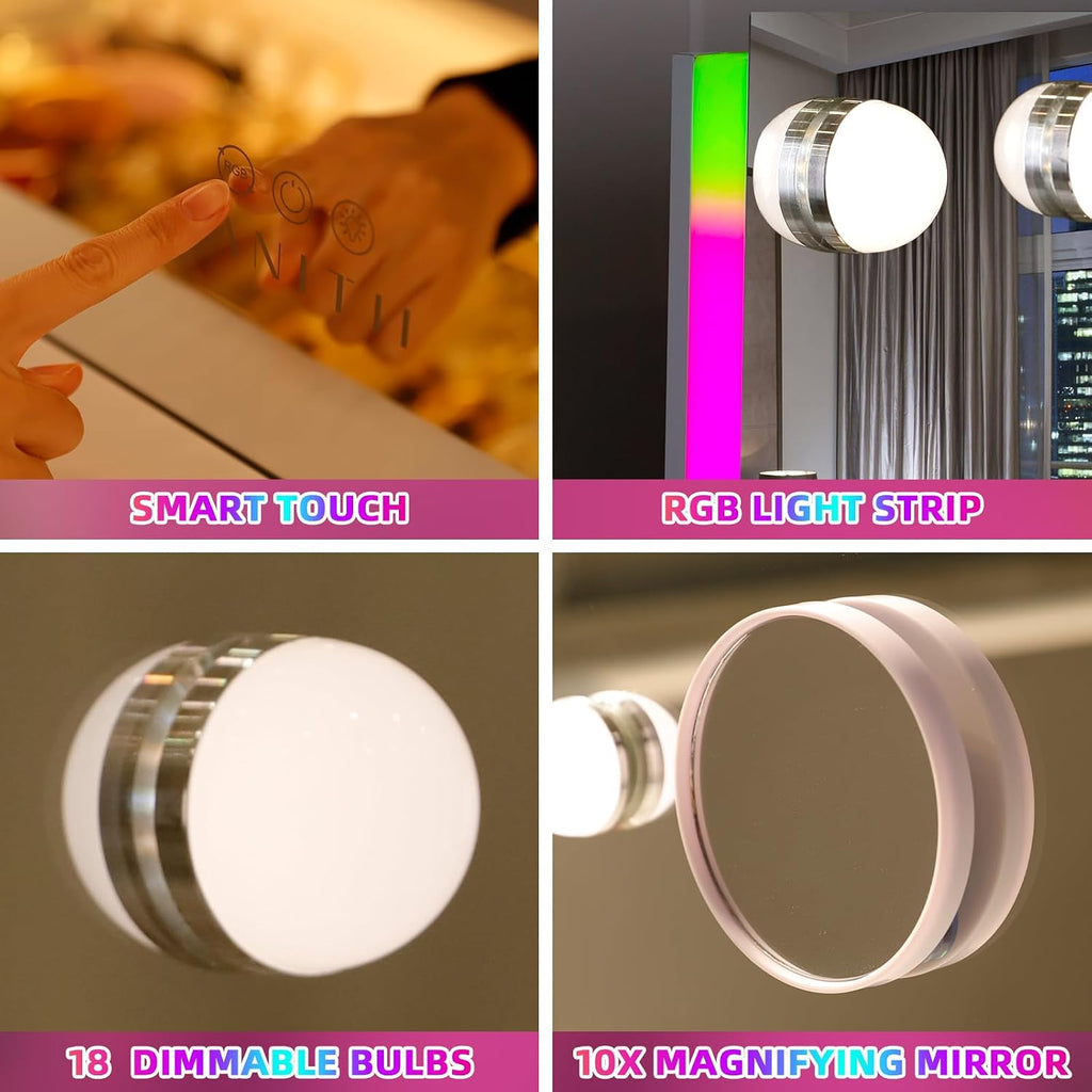 32" x 23" Hollywood Vanity Mirror with RGB Backlight and 18 Dimmable LED Bulbs, Color-Changing Lighted Makeup Mirror