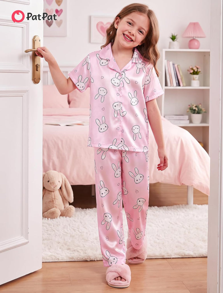 Girls Satin Silk Pajama Set Button-down Shirts & Pants Sleepwear Pjs