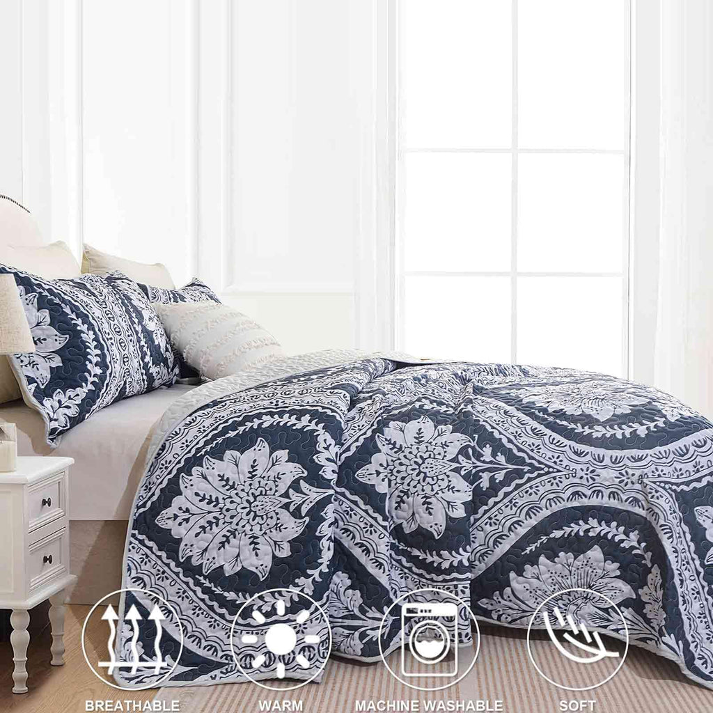 Quilt Set Queen Size 3Pcs, Navy Blue White Floral Damask Oversized Scallop Bedspreads, Soft Lightweight Coverlet Bed