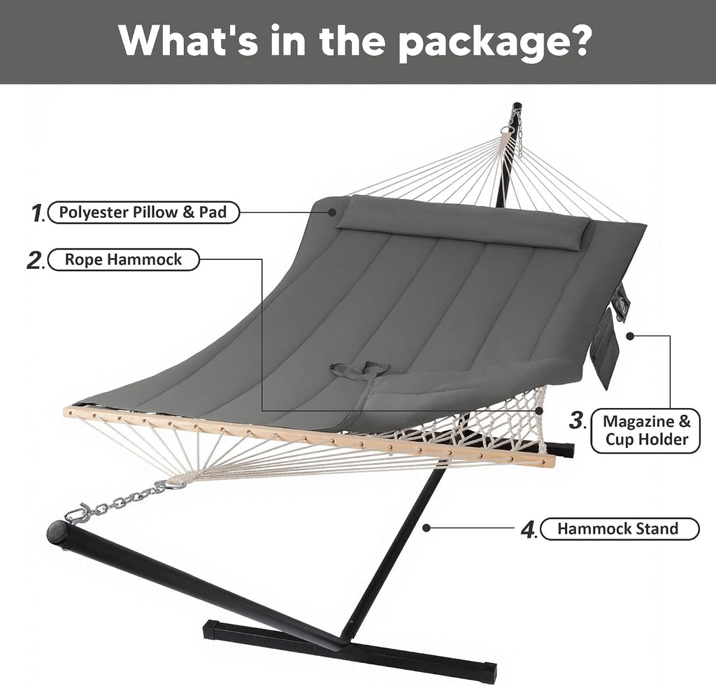 Double Outdoor Hammock with Stand, Carrying Bag, Dark Gray | Two Person Cotton Rope Hammock with Polyester Pad