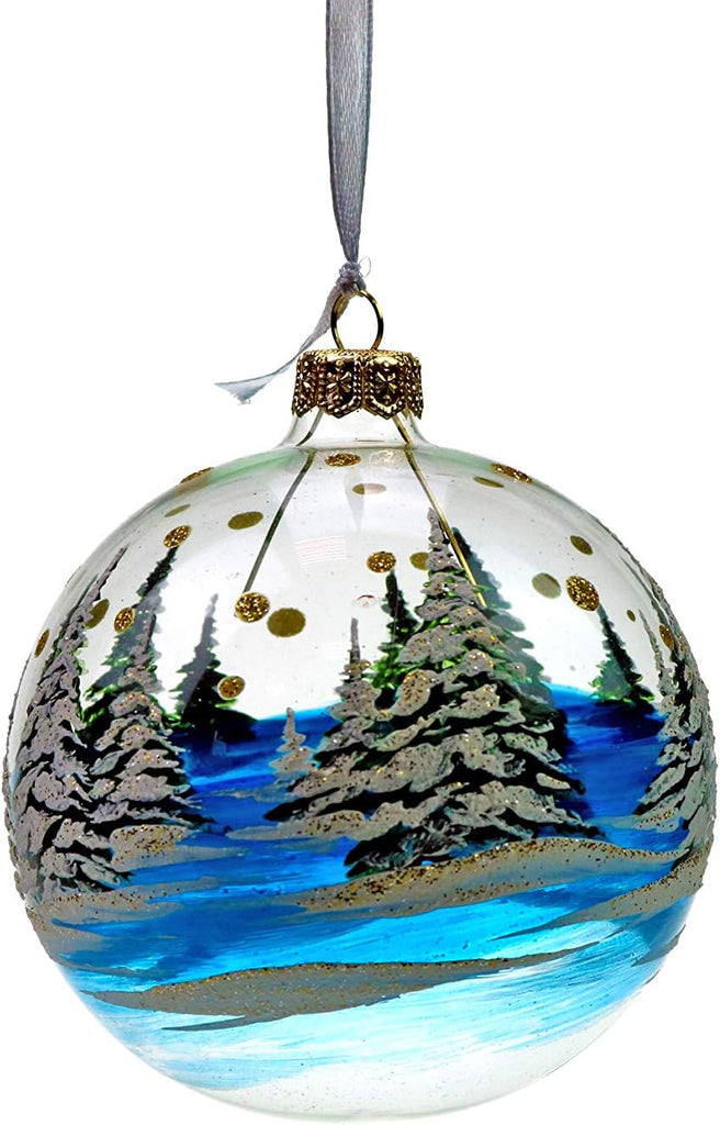 4" Christmas Tree Glass Ball, Christmas Motives on a Transparent Background Hand-Painted by Skilled Artisian, Set of