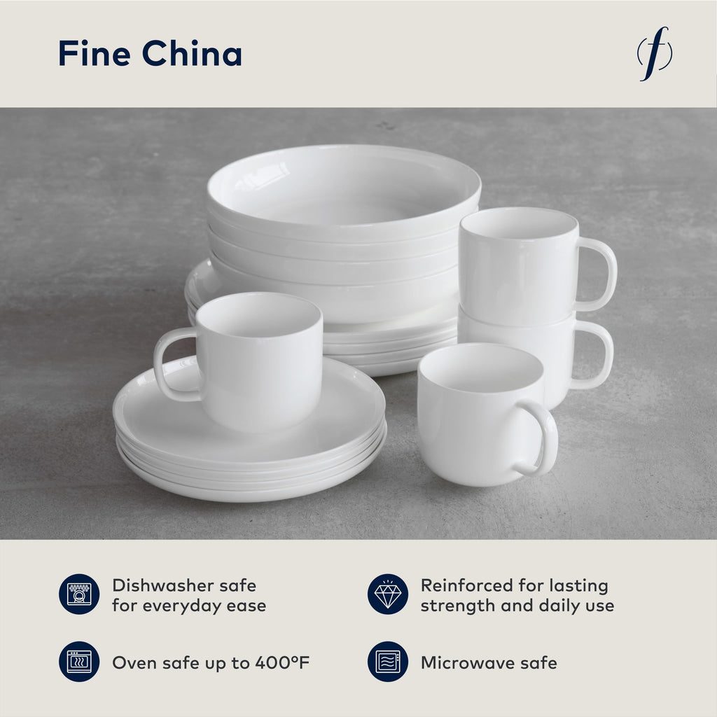 Modern Coupe Porcelain 16 Piece Dinnerware Set, Service for 4, White