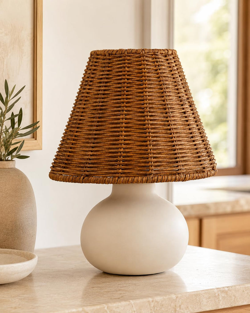 11" Small Table Lamp - Handmade Ceramic Cream Base with Wicker Rattan Shade, Dimmable Plug-in Nightstand Light