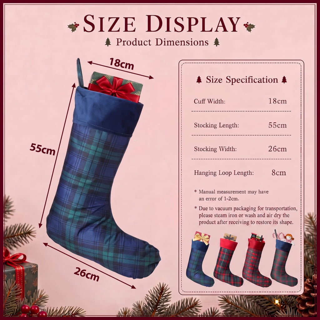 Classic Christmas Stockings Tartan Plaid Velvet Cuff 22" - Set of 4