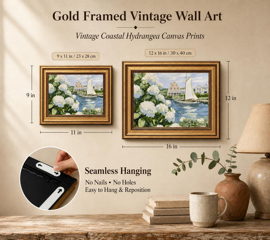 Gold Framed Vintage Coastal Canvas Wall Art, Hydrangea Seascape Wall Decor
