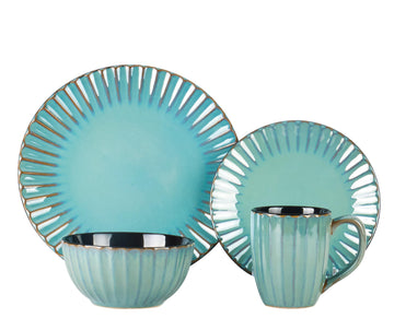 Ribbed Stoneware Dinnerware Set, Reactive Glaze Golden Green, Service for 4