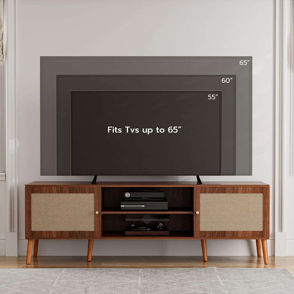 TV Stand with Rattan Doors for TVs up to 65", Mid-Century, Walnut
