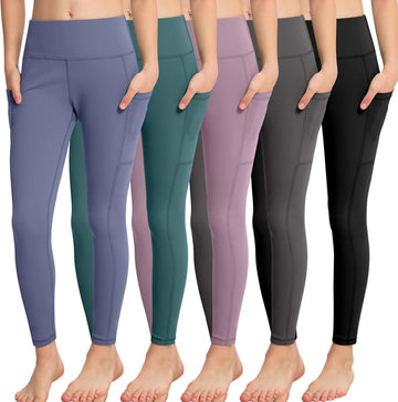 Girls' Athletic Leggings with Pockets, 5 Packs Kids Teen Dance Yoga Workout Running Pants