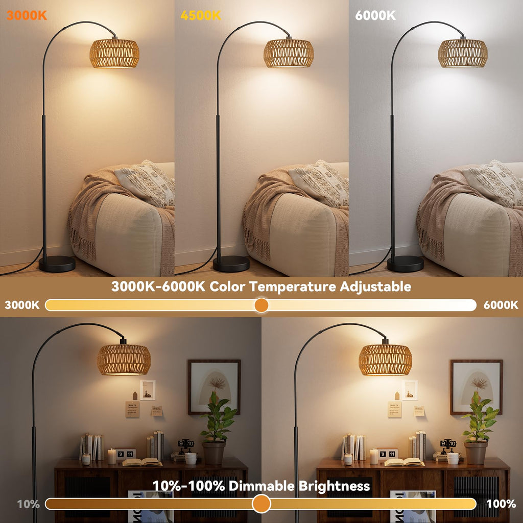 Boho Arc Floor Lamp, Color Temperatures and Brightness Adjustable