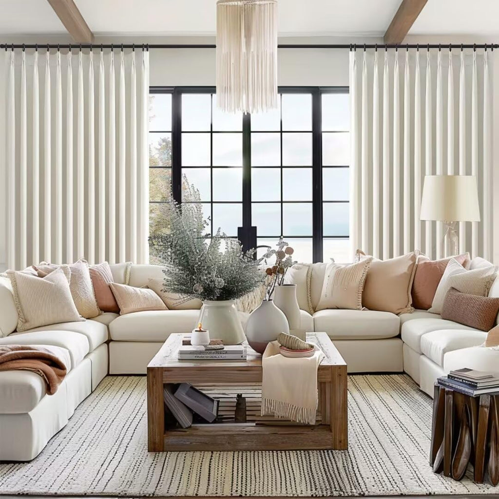 96 inch Long Natural Pinch Pleated 100% Blackout Curtains,Luxury Linen Curtains with Hooks for Patio Large Window