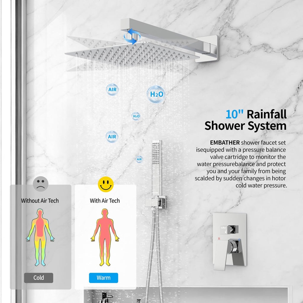Shower System, 10 Inch High Pressure Wall Mounted Square Shower Faucet Set Complete With Handheld And Valve, Chrome