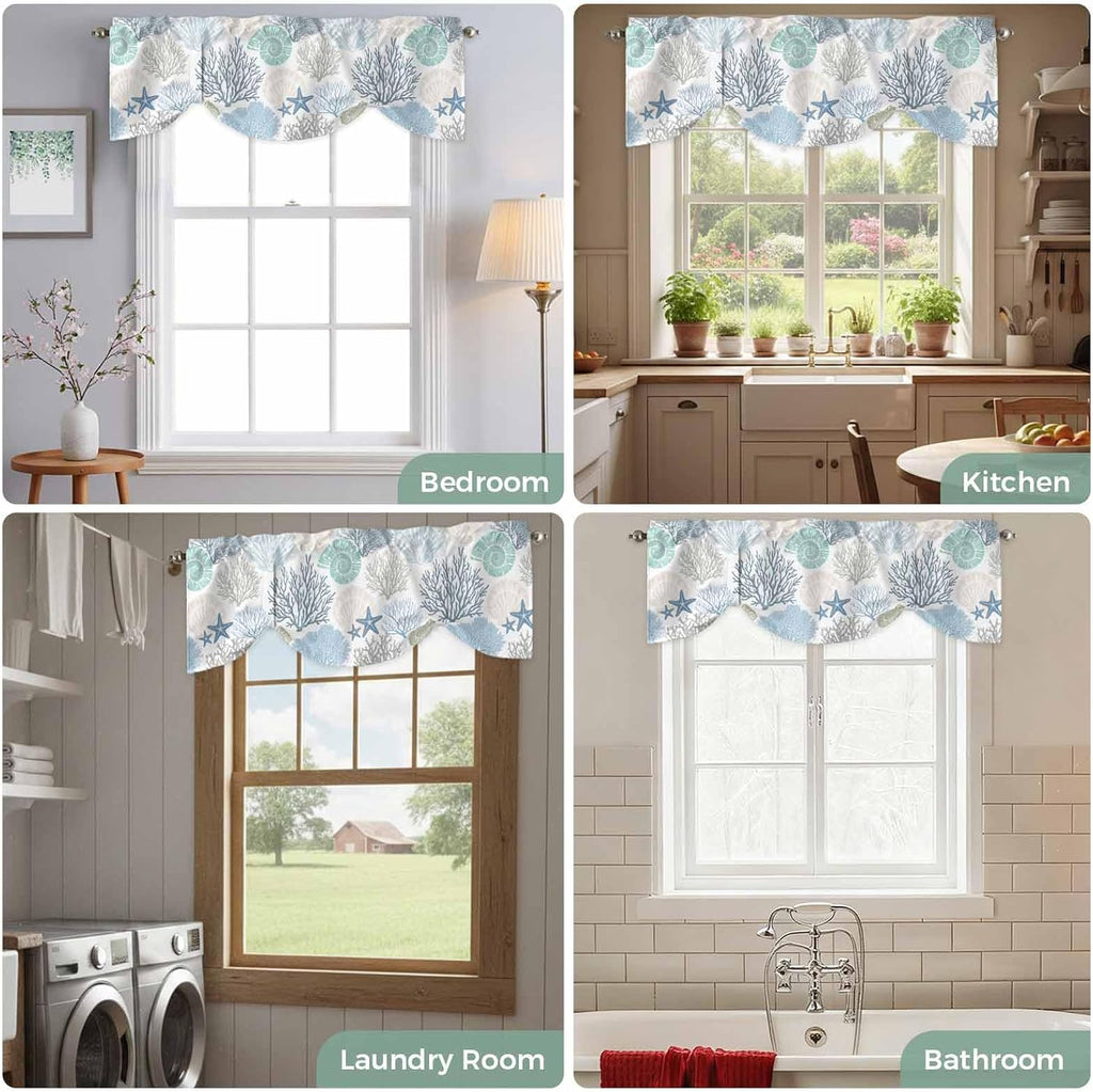 Tie Up Valance for Windows Nautical Coastal Ocean Coral Curtains Valances Rod Pocket Valance Window Treatments Beach