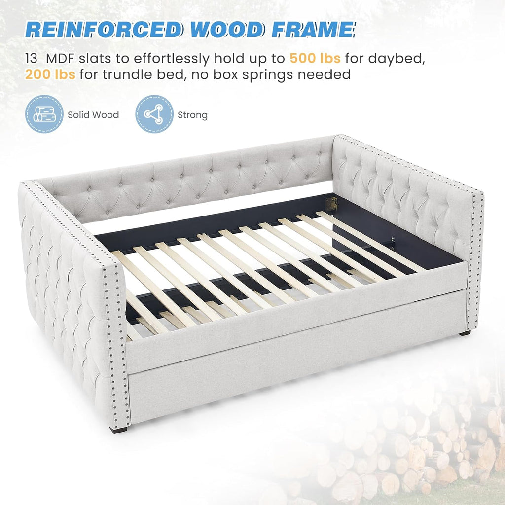 Daybed with Trundle, Modern Upholstered Full Size Button-Tufted Sofa Bed Frame with A Roll-Out Trundle, No Box Spring