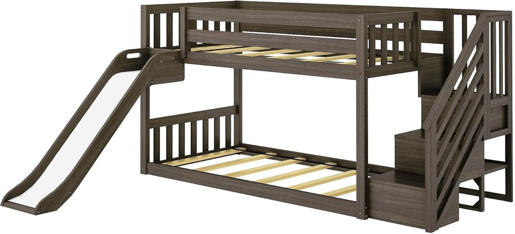 Solid Wood Twin over Twin Low Bunk Beds for Kids with Slide and Stairs, 400 lbs Weight Capacity, 14" Safety Guardrail