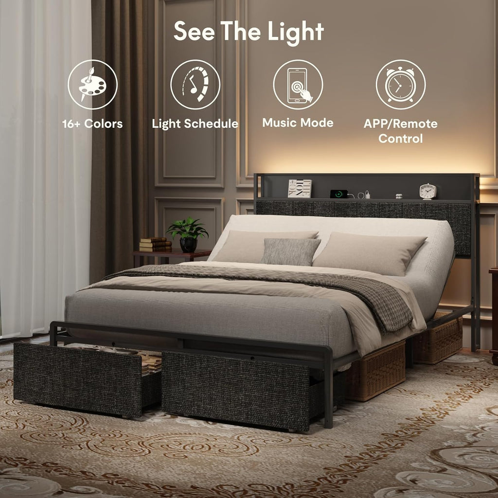 Queen Adjustable Bed with Storage Headboard and Charging