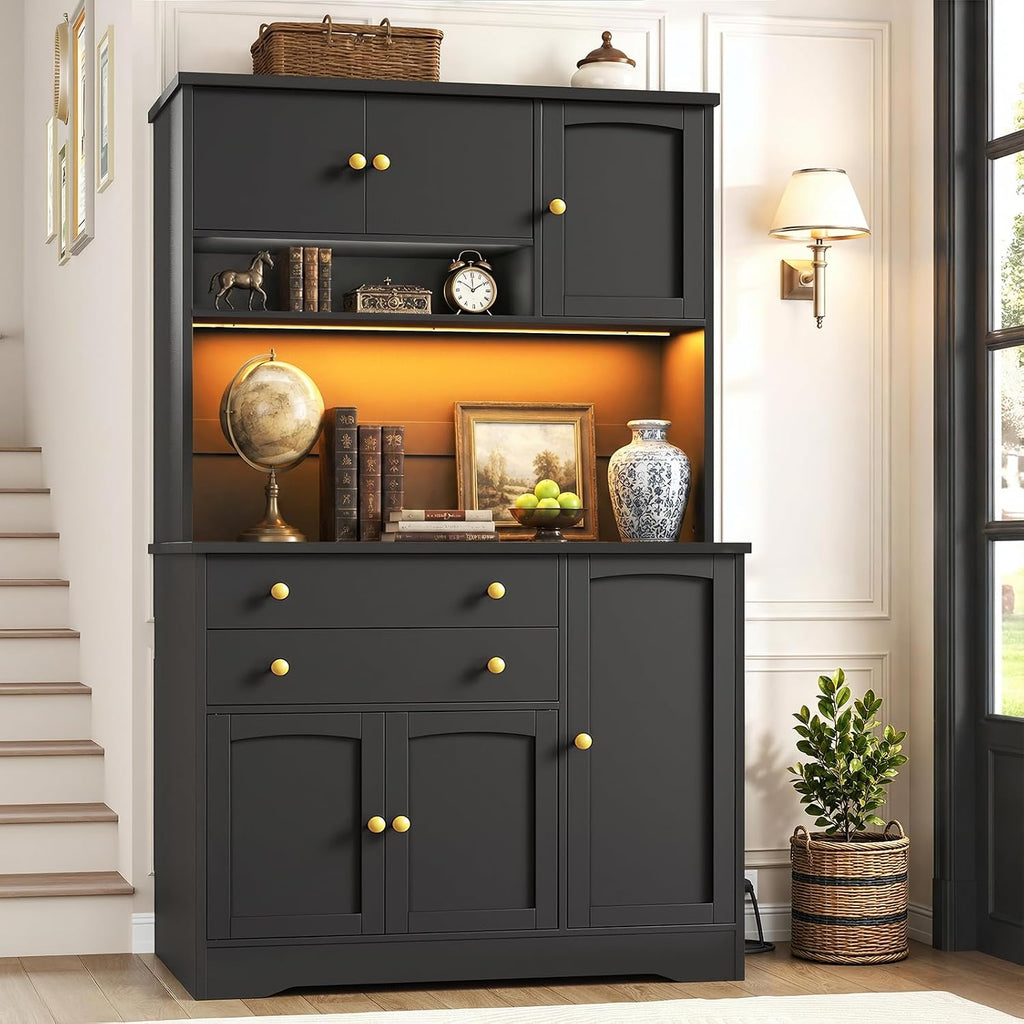 Pantry Cabinet with Charging Station and LED Light, Kitchen Hutch Cabinet Countertop, Drawers and Adjustable Shelf