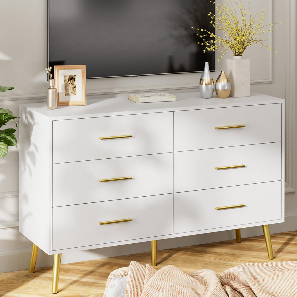 47" White Dresser with 6 Drawers & Modern Gold Handles