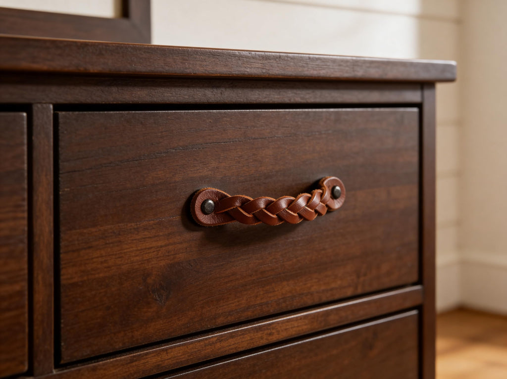 Leather Drawer Pulls - Braided - Cognac - 4 pcs - 6-1/2 x 1 '' - Leather Handle - Leather Dresser Pulls - Cabinet