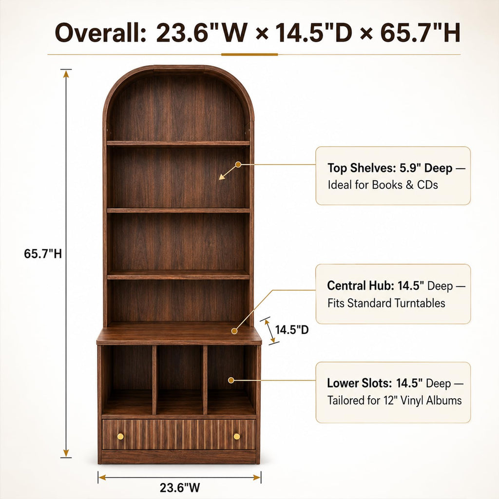 MCM Tall Record Player Bookshelf, Walnut Turntable Stand with Vinyl Storage, Drawer & Speaker Shelf, Record Player