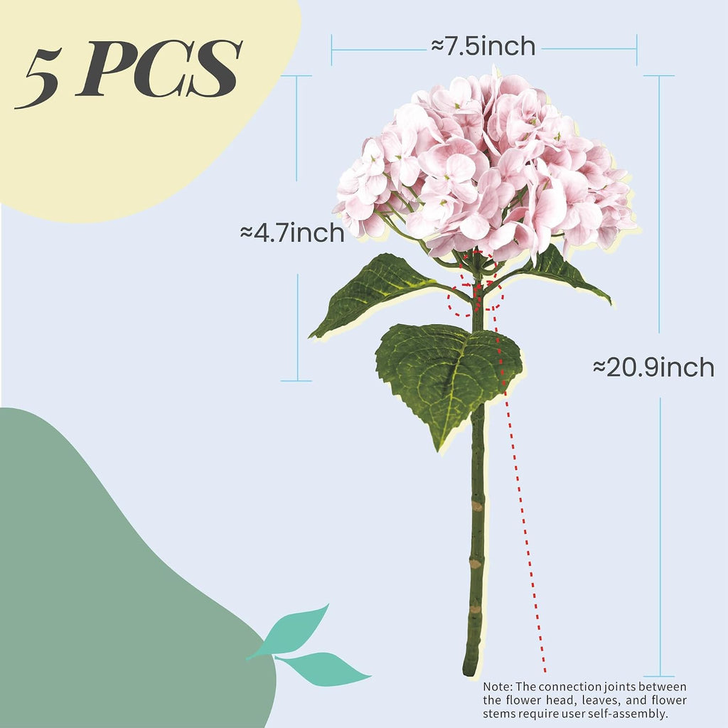 21In Pink Artificial Hydrangea Flowers with Stems - Set of 5