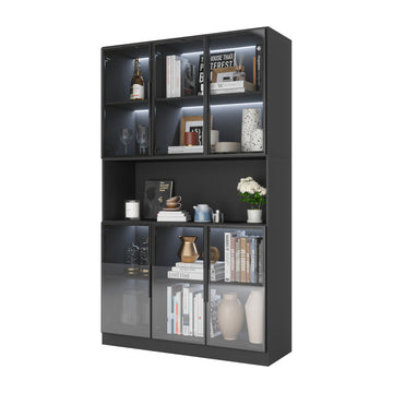 Display Cabinet with Hutch, Glass Doors and Lights, Wooden Storage Cabinet with 5-Tier Shelves, Can be Used as