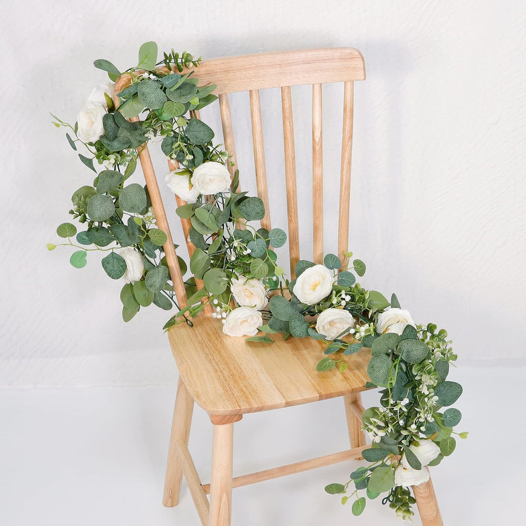 Artificial Eucalyptus Flower Garland with White Roses - Set of 4