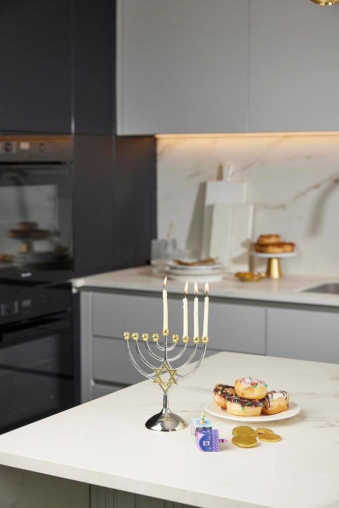 9 Branch Metal with Magen David: Modern, Elegant Jewish Hanukkah Replica Candelabra Candleholder Stand, 2-Toned