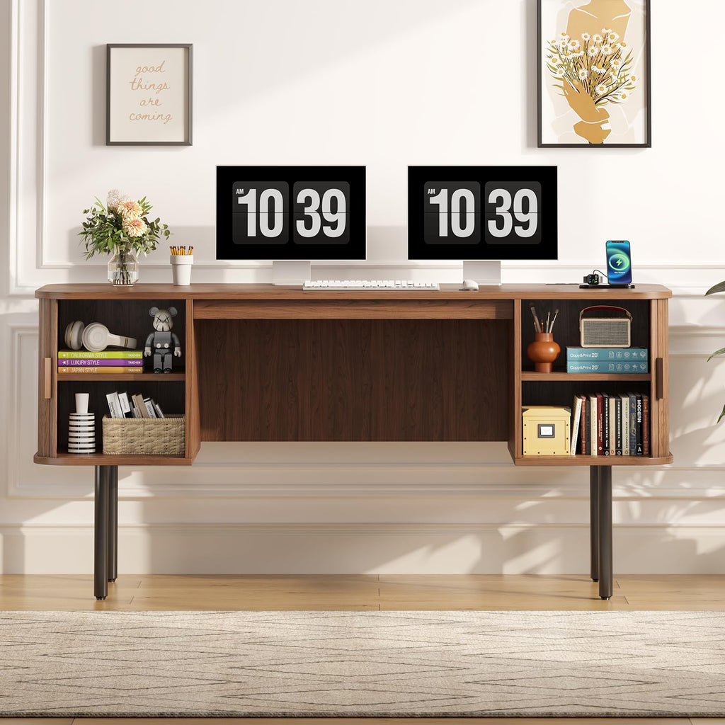 63 Inch Fluted Computer Desk with Outlets, Home Office Desk, Walnut