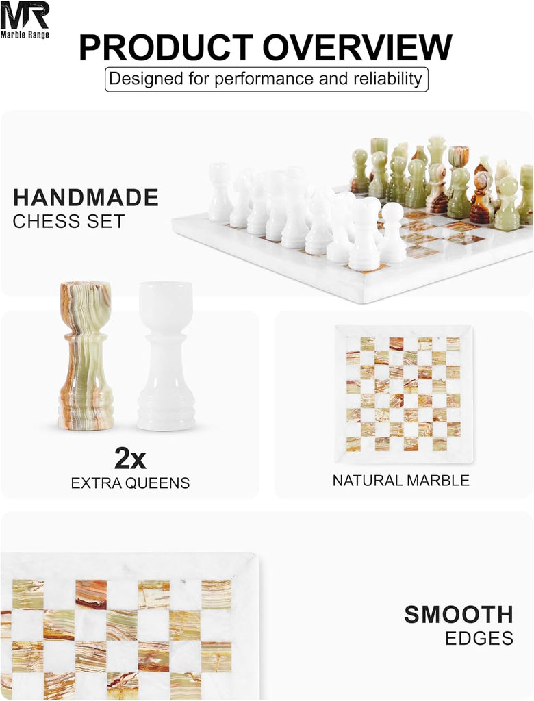 Marble Chess Set 12 Inch White and Green Handmade Board Game with Storage Box, Classic Travel Chess Set for Adults - Set of 35