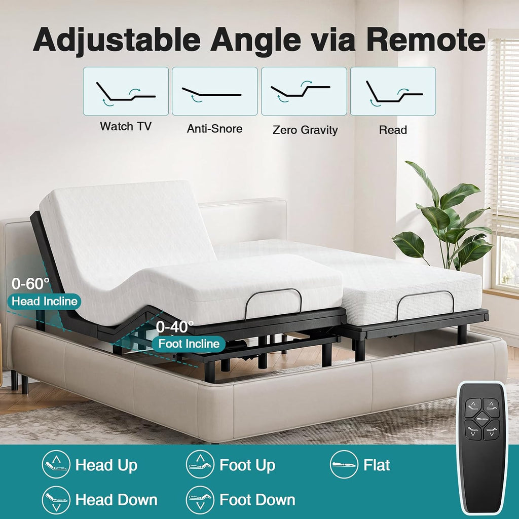 Split King Adjustable Bed Frame, Electric Base, Head & Foot Incline - Set of 2