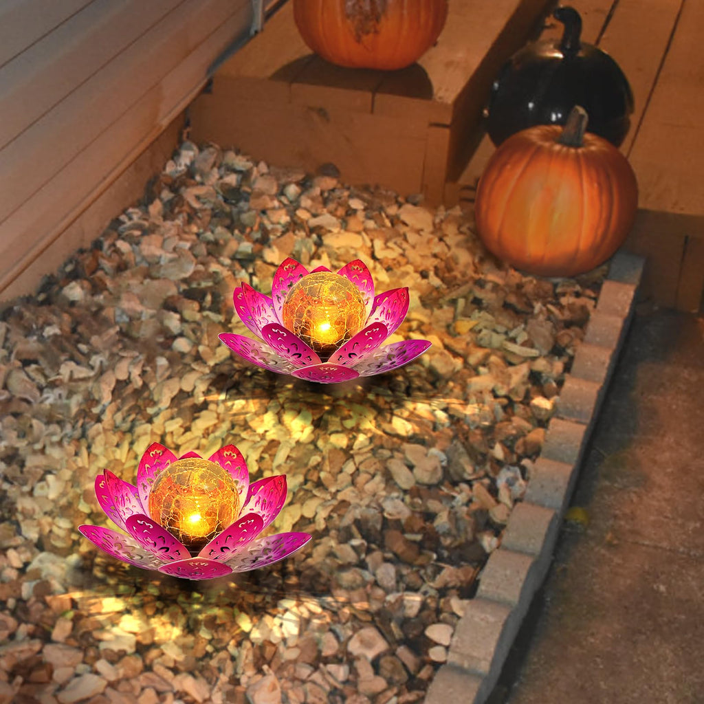 2 Pack Solar Garden Decor Lights Outdoor, Decorative Lotus Flower Solar Path Lights with Crackle Glass Globe, IP44