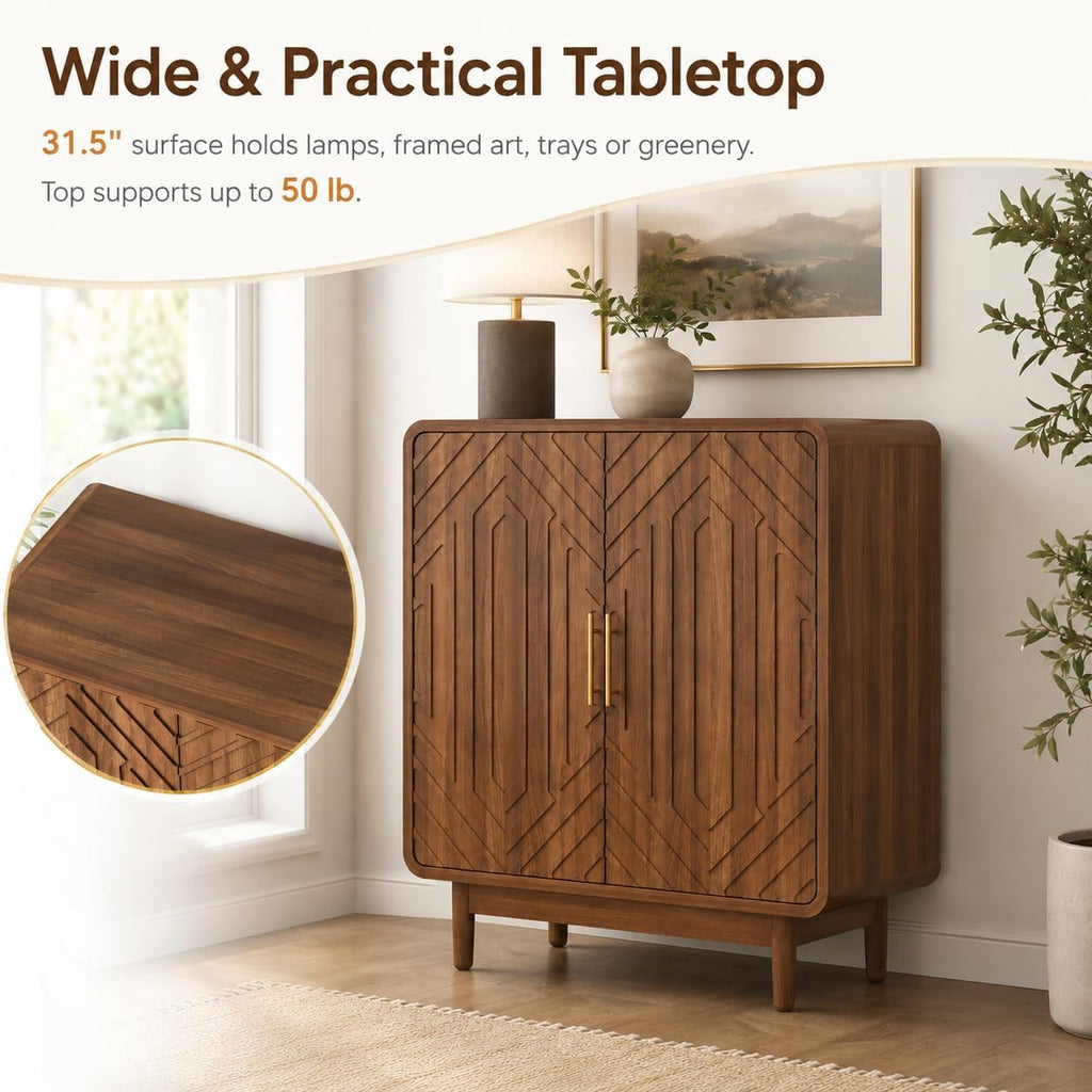 31.5" Walnut Credenza Sideboard Buffet Cabinet, 2 Doors, Kitchen | Carved panels, Gold pulls, Arched Doors, raised