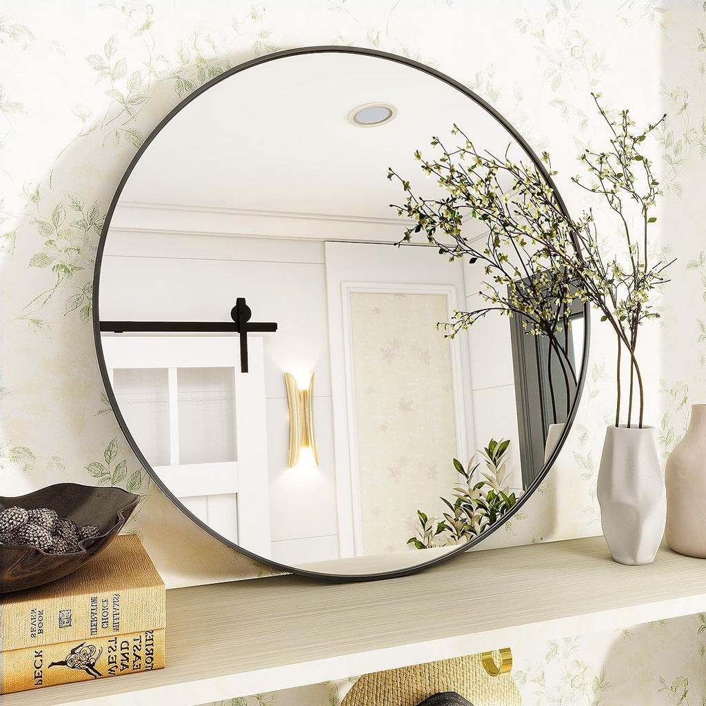 Black Round Bathroom Mirror 30", Thin Metal Frame Wall Mirror