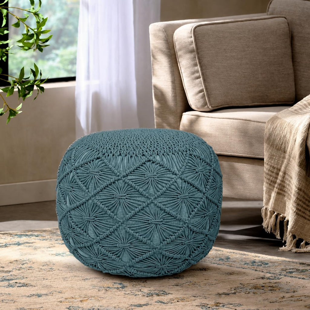 Macrame Pouf Ottoman 20x20x14 Light Blue Handwoven Dori Footrest