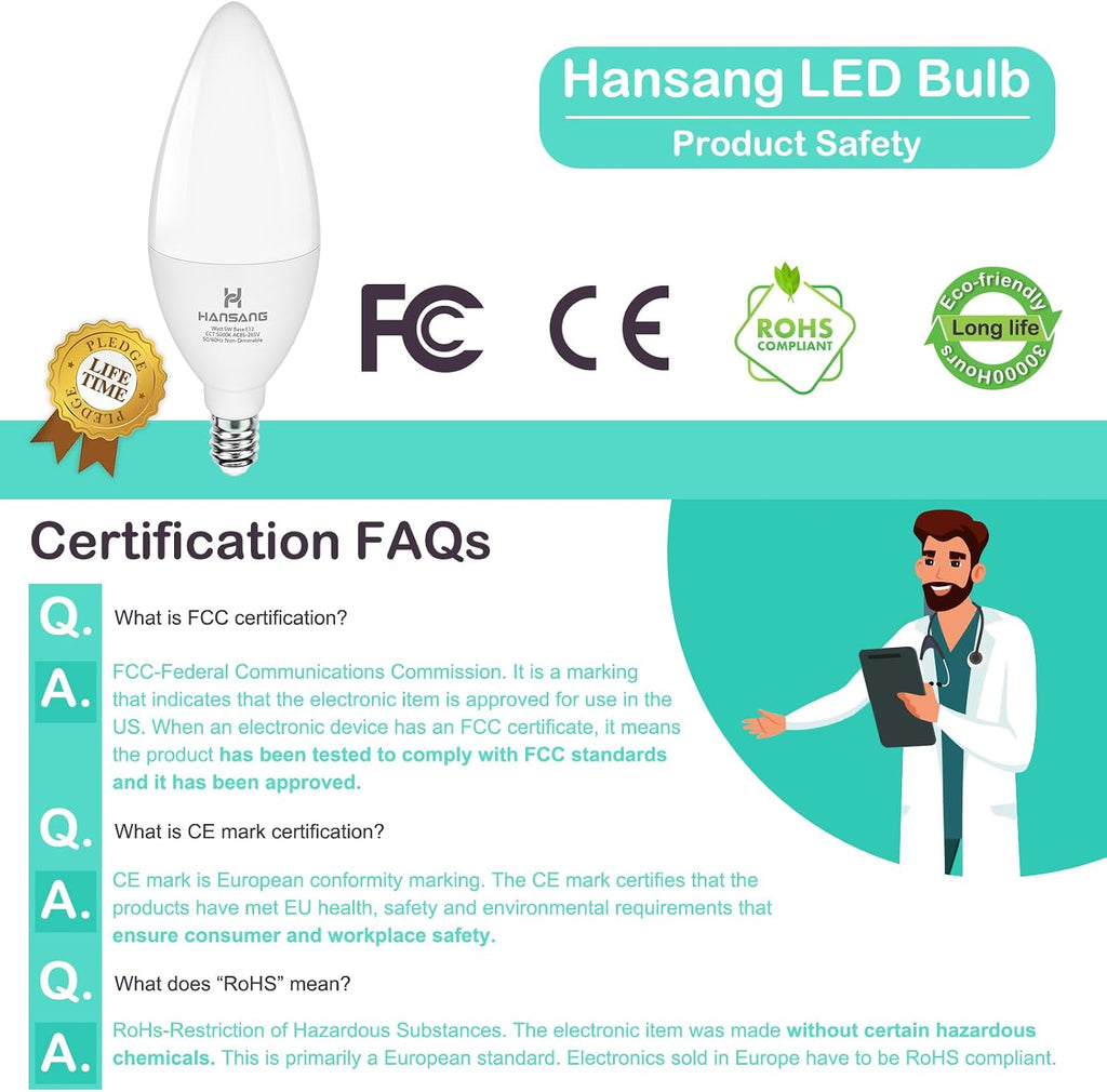 E12 LED Ceiling Fan Light Bulbs 60W Equivalent 5000K Daylight