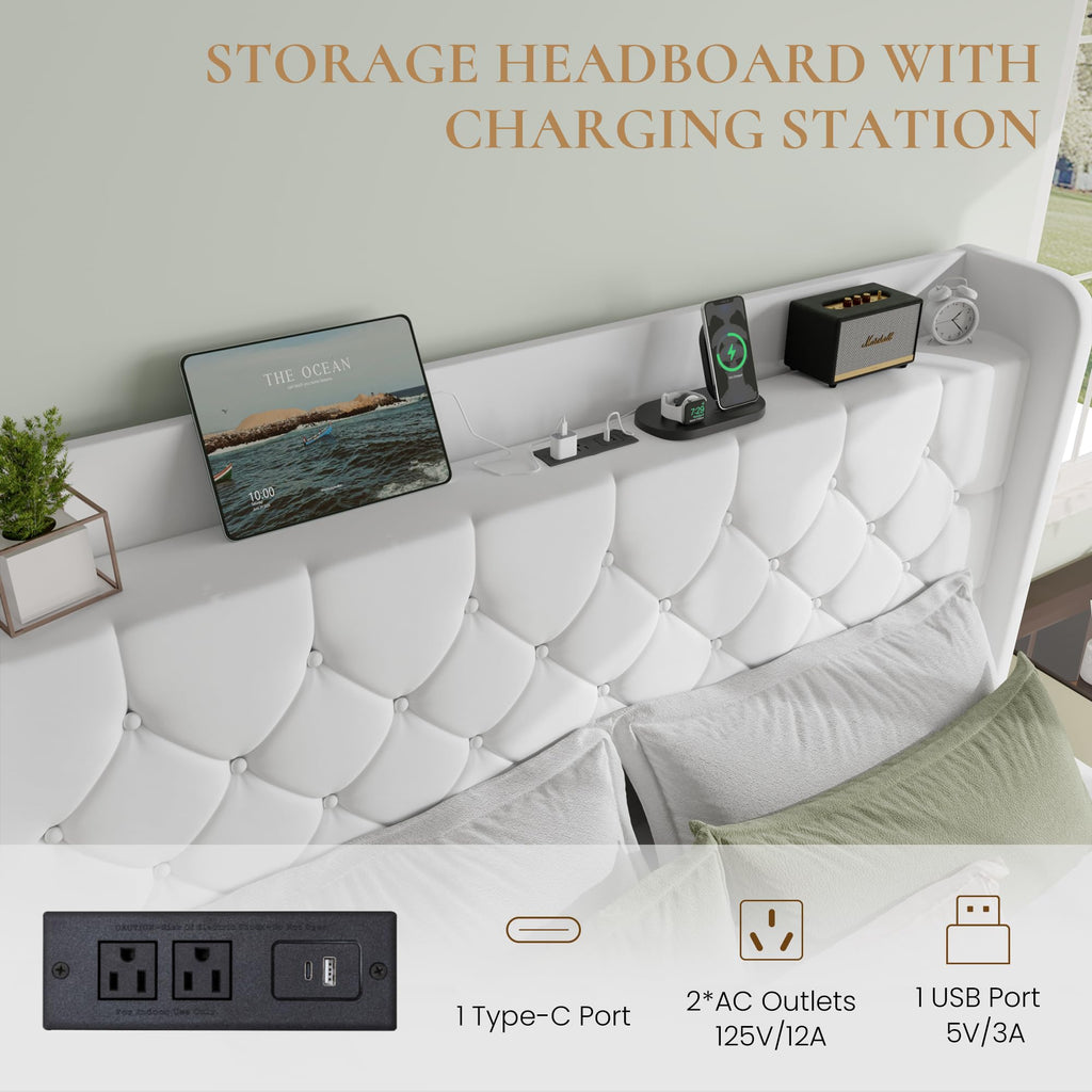 King Size Platform Bed Frame with Charging Station, Velvet Wingback Headboard with Storage Shelf, Wooden Slats