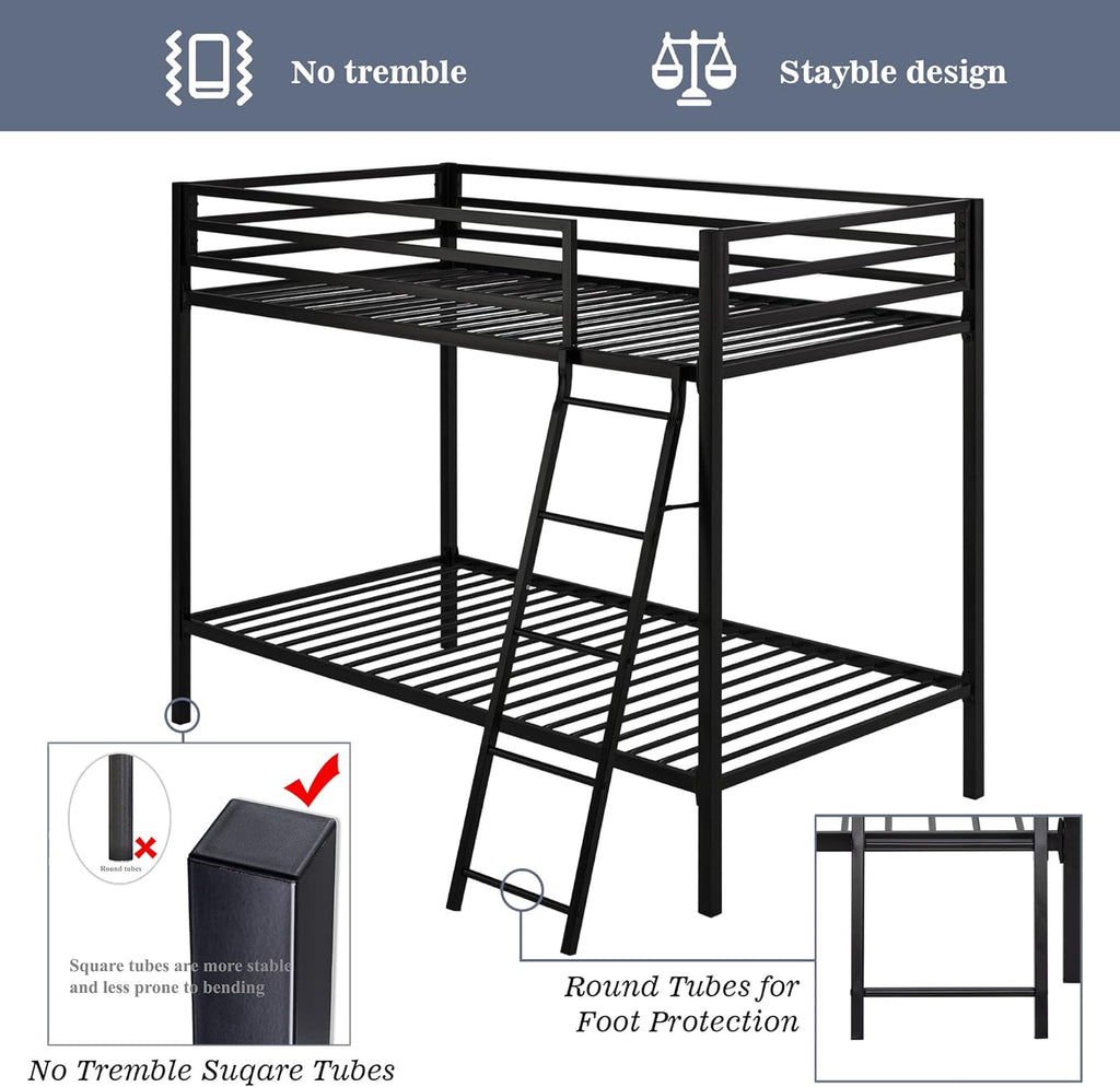 Metal Bunk Bed Twin Over Twin for Junior & Adults with Ladder and Heavy Duty Guardrail