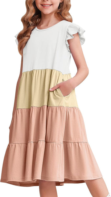 Girls Ruffle Sleeve Tiered Swing Midi Casual Sundress with Pockets