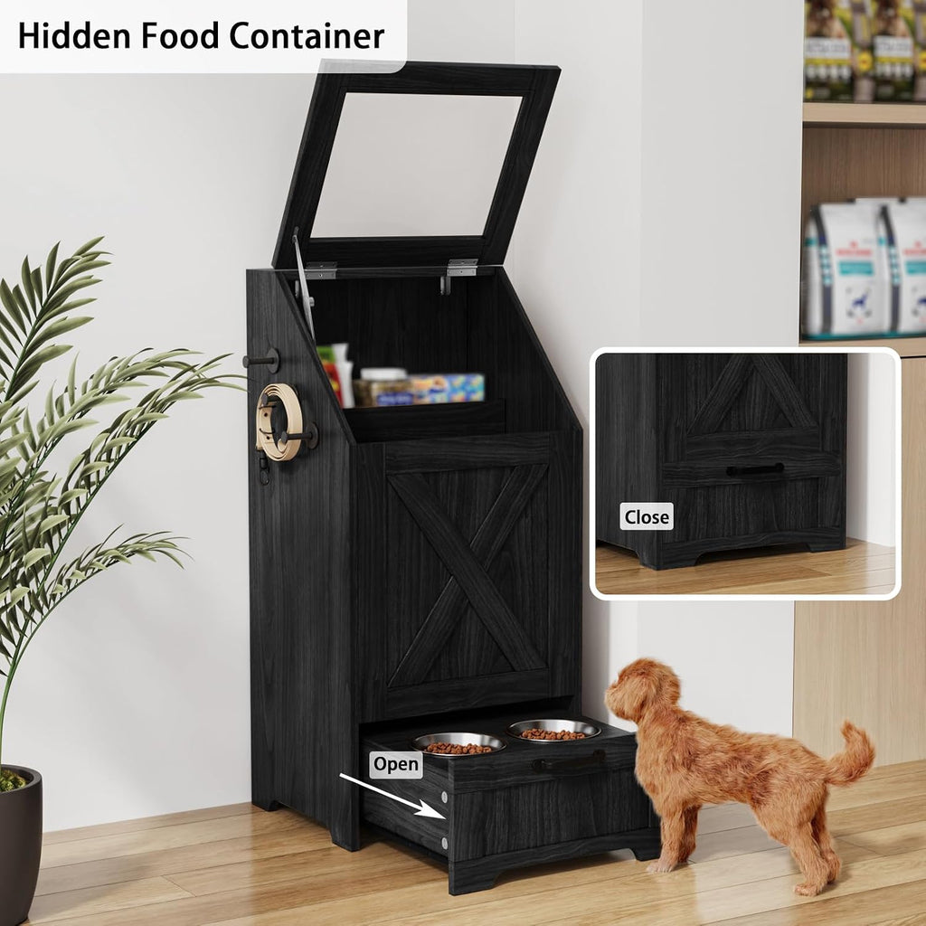 Dog Feeding Station with Storage Cabinet & 2 Elevated Bowls, Black