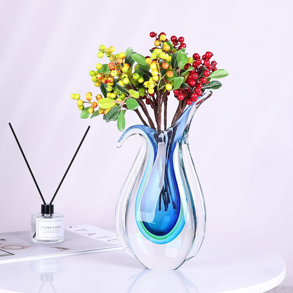 Blown Glass Blue vase, Unique Murano Style Glass Art Deco vase TV Stand, Table Setting, Office, Room and Desktop
