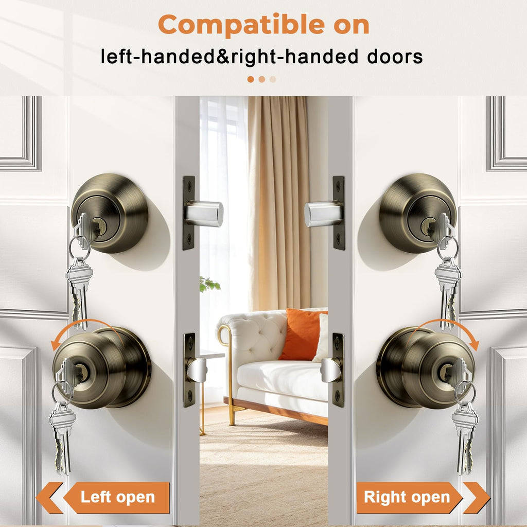 1 Pack Entry Door Knob Set with Single Cylinder Deadbolt Combo Set, Antique Brass Front Door Handle Keyed Alike