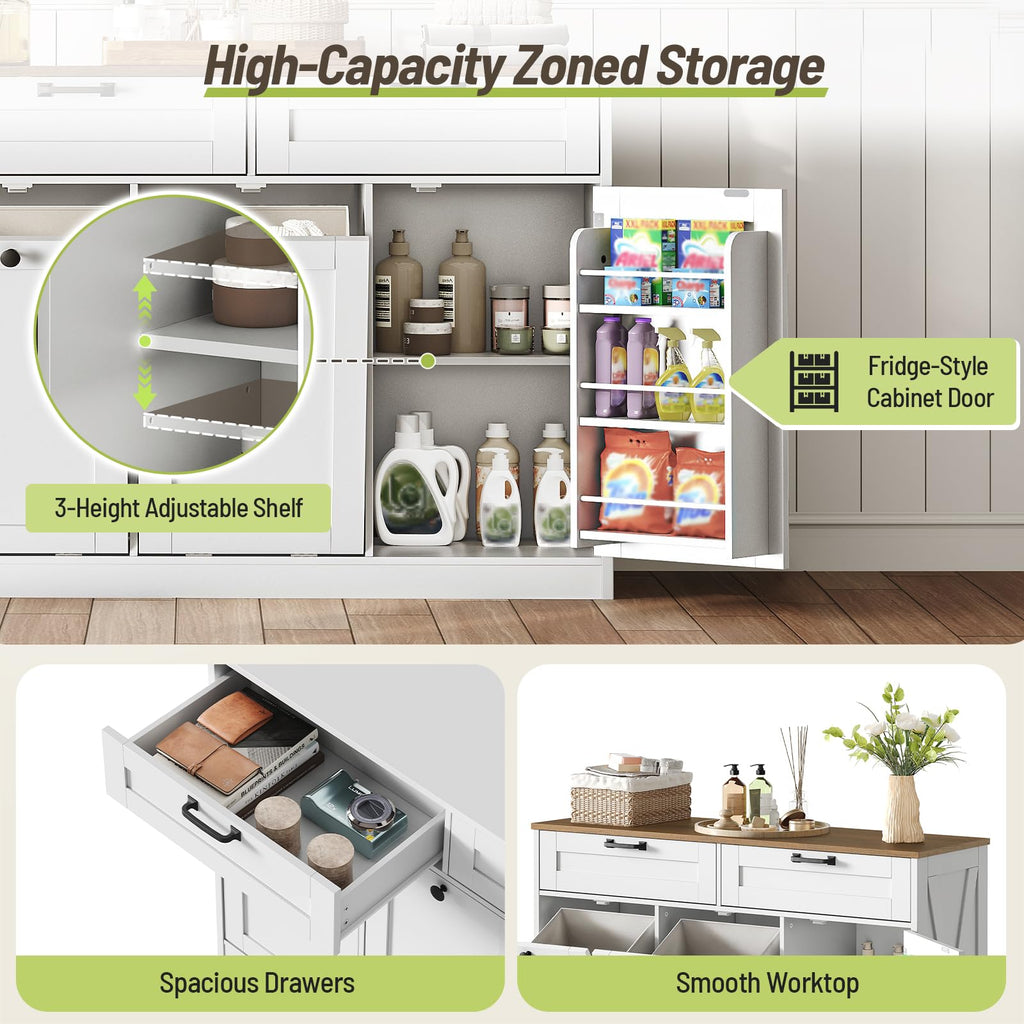 Double Tilt Out Laundry Hamper Cabinet, 43.3" Laundry Cabinet with 2 Removable Baskets, Farmhouse Wooden Hidden Trash