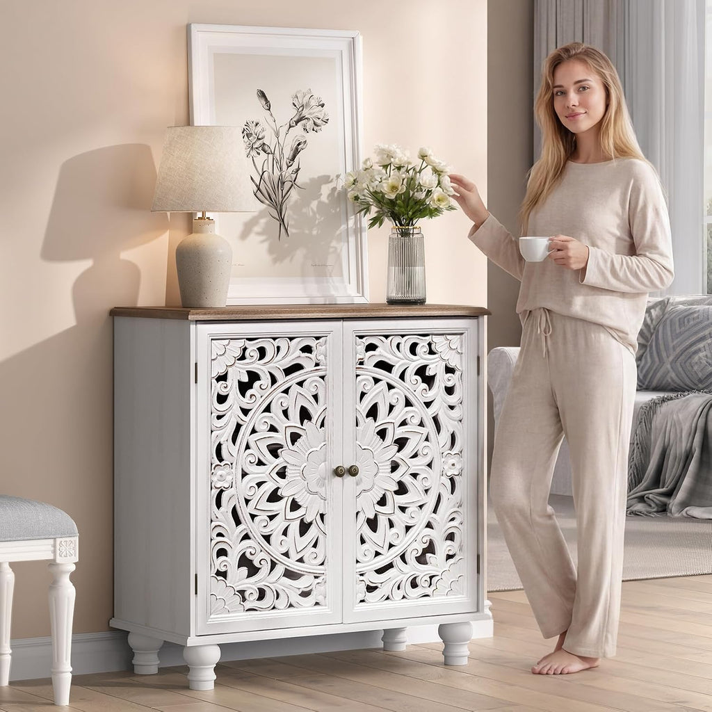 Accent Cabinet with Doors, Decorative Storage Cabinet with Adjustable Shelf, Carved Sideboard Buffet with Solid Wood