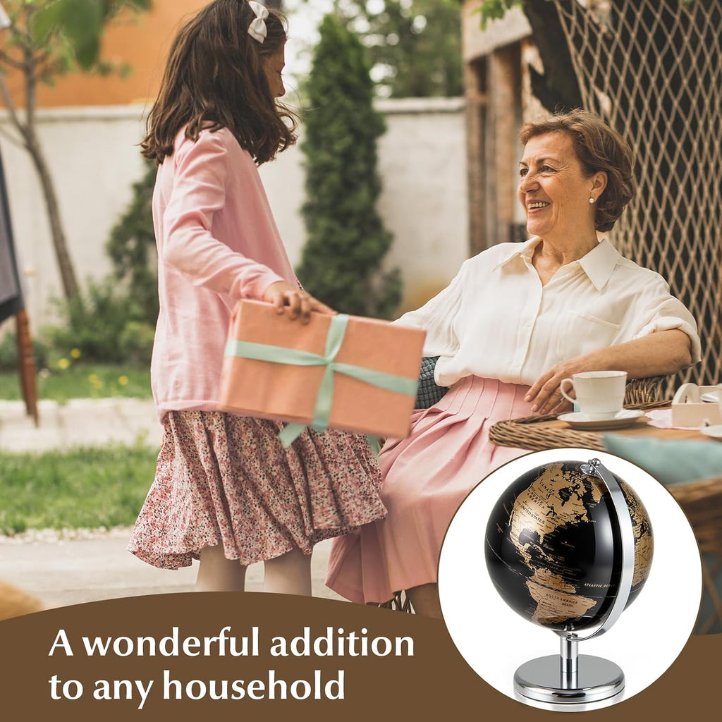 8" World Globe, Black Earth Globe with Gold Accents, Metal Stand, Non-slip Base & Time Zone, Decorative Tabletop Desk