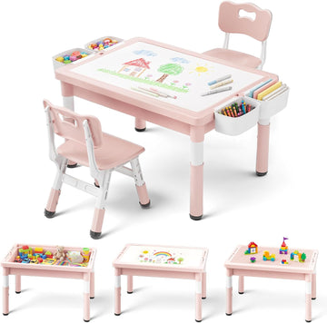 In-1 Kids Table and 2 Chairs Set, Reversible Tabletop, Pink