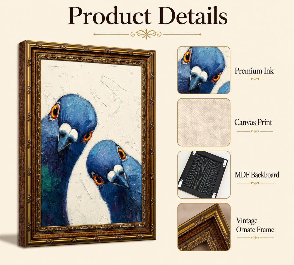 Vintage Gold Framed Whimsical Pigeon Canvas Wall Art 12x16in