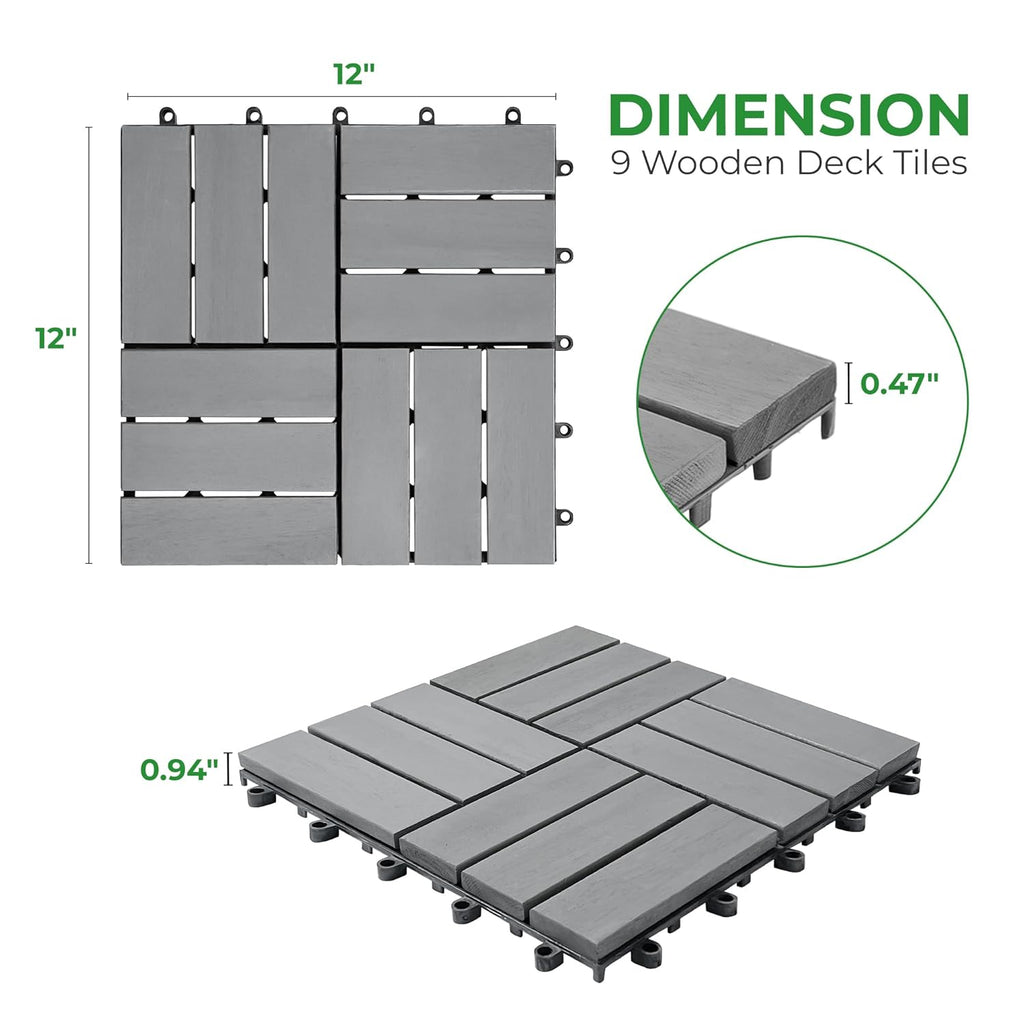 Interlocking Deck Tiles 12"x12"x0.94'' Gray Acacia Wood Patio Decor Flooring Tiles-Interlocking FSC Wood Flooring